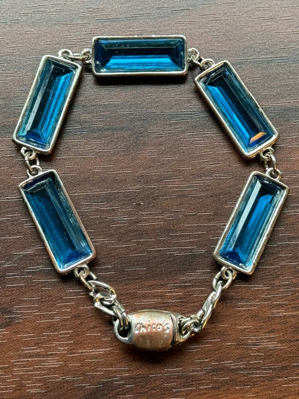 Original Logo Vintage Chico's Blue Glass and Silver Tone Bracelet